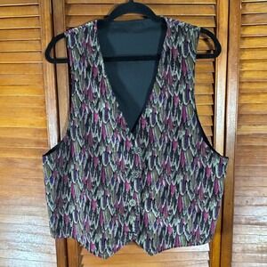 Vintage Feather Print Button Front Vest Purple Pink Grey Textured Waist Elastic